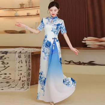 2024 новый aodai Cheongsam, улучшенное китайское ретро-стиль, женское длинное платье с короткими рукавами и воротником-стойкой, 2-слойное дизайнерское длинное платье b149
