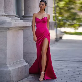2024 Sexy Evening Gowns For Women Satin Mermaid/Trumpet Elegant Party Dress Fuchsia Sweetheart Pleat Front Split Prom Dress