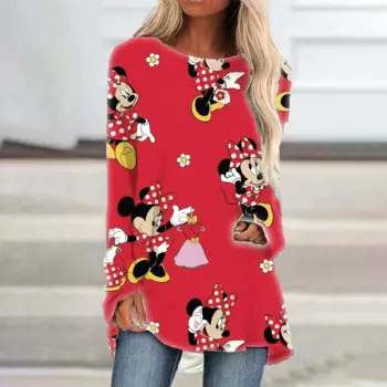 2024 Street Mickey Minnie Fashion 3D Printing Autumn New Slim Women's Long Sleeve Round Neck Casual Raglan Sleeve T-shirt Y2K