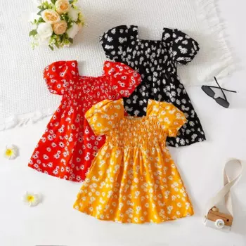 2024 Summer Children Fashion Print Dress Girls Korean Version Style Short Sleeves Small Daisy Dress 0-2Years Baby Princess Dress