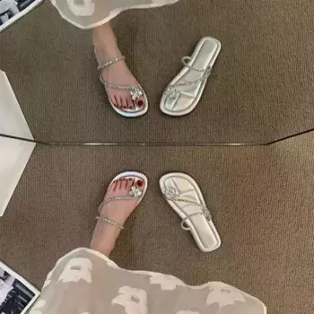 2024 Summer Crystal Women Slippes Fashion Elegant Narrow Band Slides Shoes Ladies Outdoor Dress Thick Heel thong sandal New