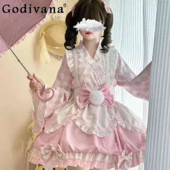 2024 Summer New Fashion Lolita Maid Costume Girly Original Bow Ruffles Kawaii Short Dresses Women Elegant Beautiful Y2k Dresses
