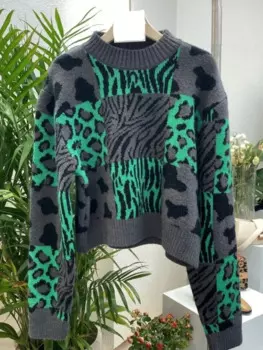 2024 Winter Fashion Women's Retro Warm Knitted Hoodie Round Neck Leopard Pattern Design High End Luxury Long Sleeve Sweater