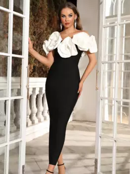 2024 Women Celebrity Sexy Off Shoulder Flower Diamonds Black Maxi Long Bandage Dress Knitted Elegant Evening Club Party Clothing