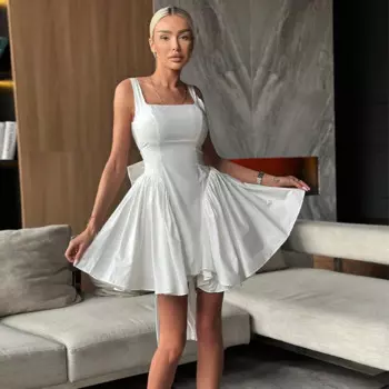 2024 Women's Party Dresses White Tank A Line Ruched Mini Cocktail Gowns with Bow Backless Sleeveless Sexy Birthday Dress Short
