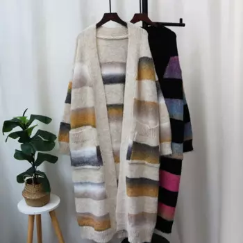 2024 Women Striped Sweater Apricot Cardigan Kintted Loose Spring Autumn Vintage Winter Streetwear Y2k Jumper Coat Cardigans