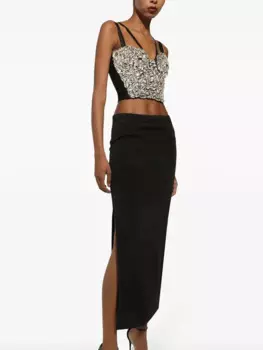 2024 Women Summer Celebrity Sexy Crystal Sparkly Black Maxi Long Bandage Skirt Set Knitted Elegant Evening Club Party Clothing
