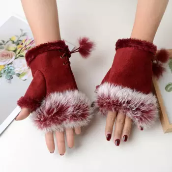 2024 Women Winter Warm Gloves Sexy Faux Rabbit Fur Hand Wrist Warmer Fingerless Gloves Suede Women Mittens Warm Wrist Gloves