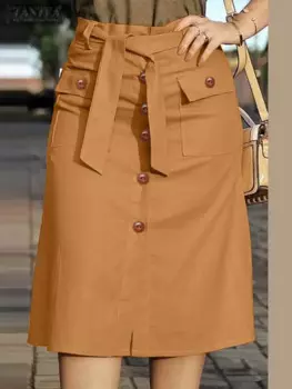 2024 ZANZEA Summer Skirts Women High Waist Solid Cargo Skirt Fashion OL Work Knee-length Faldas Saia Casual Party Club Jupe