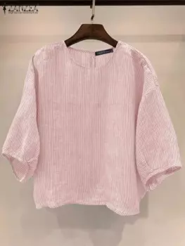 2024 ZANZEA Women Summer Striped Blouse Fashion O Neck 3/4 Sleeve Loose Shirt Casual Work Blusas Femininas Holiday Tops Tunic