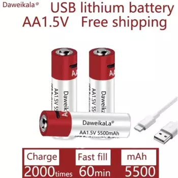 2024Новая литий-ионная аккумуляторная батарея типа AA USB 1,5 В AA 5500 мАч/литий-ионная батарея часы для игрушек MP3-плеер термометр клавиатура