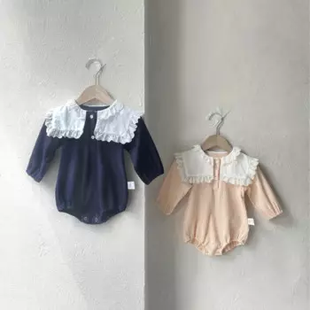 2025 Autumn New Baby Girl Cute Lace Large Lapel Bodysuit Solid Newborn Toddler Cotton Ribbed Jumpsuit Infant Casual Onesie 0-24M