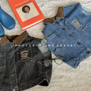 2025 Autumn New Children Denim Vest Boys Fashion Lapel Sleeveless Jacket Toddler Girls Letter Cardigan Coat Kids Clothes