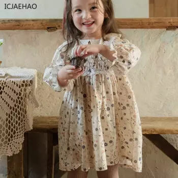 2025 Children South Korea Baby Girls Costume Embroidered Lace Lapel Bubble Sleeve Floral Dress Kid's Spring Clothes for Eid