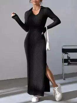 2025 Europe And The United States Autumn And Winter New Knitted Slim-Fit Lapel Long Sleeve Pit Strip Solid Color Tight Dress