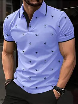 2025 Europe and the United States men's new summer fashion 3D lapel Flamingos fashion printed street short-sleeved top