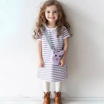 2025 European Style Girls Summer Dress Cartoon Cat & Bag Print Princess Dress Fashion Striped Party Dress for Toddlers 2-6 Years