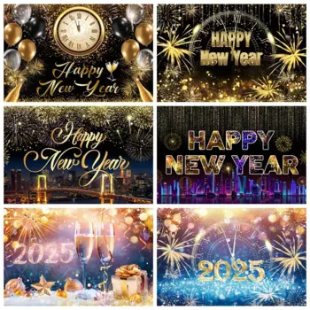 2025 Happy New Year Backdrop Glitter Firework Clock Champagne Beer Family Party New Year Christmas Photography Background Decor