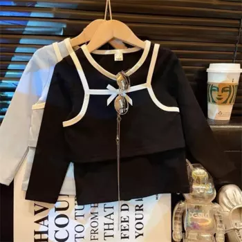 2025 Korean Version Girls' Sweet T-shirt Top Spring and Autumn New Design Bow Tie Fake Two-piece Long Sleeved Base Shirt