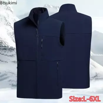 2025 Men's Soft Shell Vests Quality Outdoor Fleece Warm Waterproof Stand Collar Vest Jacket Men Camping Fishing Cargo Waistcoat