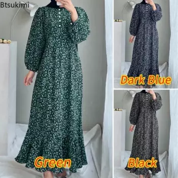 2025 Mid East Women's Clothing Fashion Muslim Abayas Loose Casual Floral Print Long Dress Vintage Bohemian Sundress Robe Femme