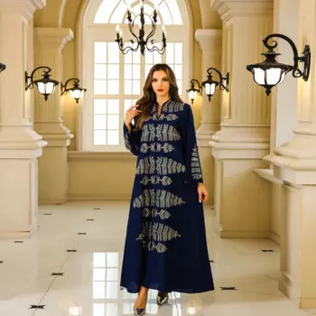 2025 Muslim Party Dress for Women Dubai Turkish Sequins Printed Robe Ramadan Morocco Elegant Long Sleeve Abayas Islamic Clothing