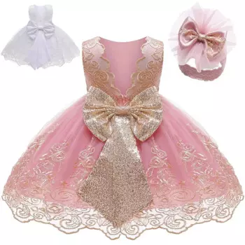 2025 New Baby Girls Princess Dress Toddler First Birthday Party Dress Cute Easter Costume Kids Sequin Bow Evening Gown 1 Years