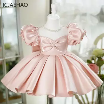 2025 New Children Elegant Princess Dress Baby Girls Cute Bow Puff Sleeve Birthday Party Clothes Teenage Dress for Girls