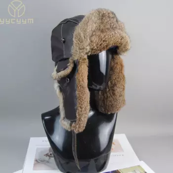 2025 New Fashion Russian Unisex Genuine Sheepskin Real Rabbit Fur Bomber Hat Winter Warm Windproof Fluffy Natural Rabbit Fur cap