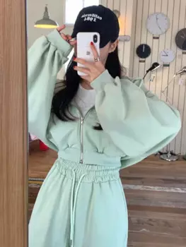 2025 New Fashion Sweatshirt Woman Tracksuit Zipper Hoodie And Drawstring Wide Leg Pant Two Piece Set Chic Autumn Winter Clothes