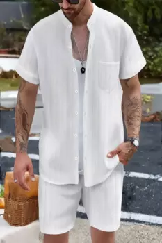 2025 New Summer trend Fashion Men's single breasted shirt Business Casual Baggy pocket striped short sleeve shorts beach suit