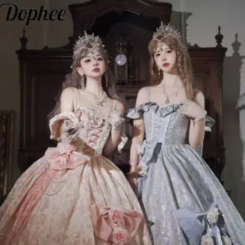 2025 Original Lolita Flower Wedding Dress Women Elegant Ruffles Bandage Off Shoulder Strap Ultra Long Palace Flormal Dress