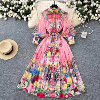 2025 Summer Bohemian Chiffon Maxi Dress Women's Stand Collar Long Lantern Sleeve Floral Print Belt Lace Up Beach Vestidos