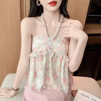 2025 Summer Bohemian Women Sweet Pink Print Halter Sling Tops Lady New Graceful Floral Chiffon Ruffle Back Bandage Vest Shirts