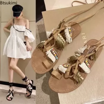 2025 Summer Boho Style Flat Sandals for Women Fashion Comfy Soft Soled Flip Flops Lace Up Sandals Color Block Casual Shoes Femme