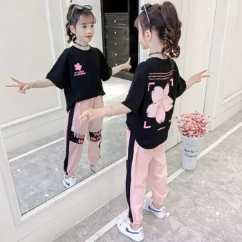 2025 summer girls Clothes Child Sports Suit Teen tracksuit flower t shirt tops + Ankle-tied pants striped 4 5 7 8 10 11 12 years