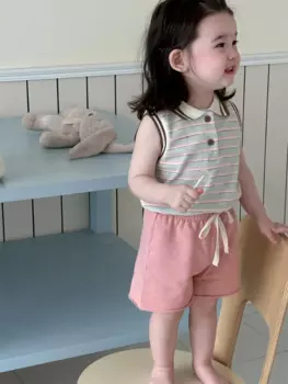 2025 Summer New Cute Baby Girl Sleeveless Lapel T Shirts Cotton Infant Casual Striped Tops Toddler Girl Thin Vest Baby Clothes