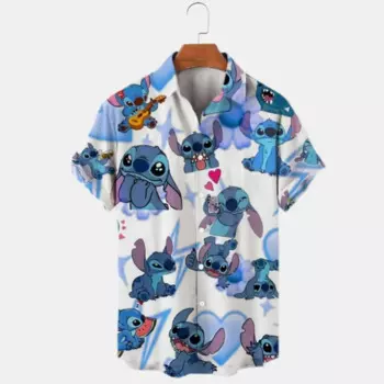 2025 Summer New Shirts Disney Trend Fashion Cartoon Star and Stitch Harajuku Tops Men's and Women's Lapel Shirts Disney Hawaiian
