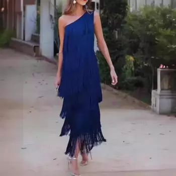 2025 Summer Party Dress Women Fashion Tassel Shoulder Asymmetric Dress Evening Dress Sleeveless Slim Fits Long Dresses vestidos