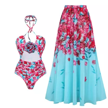 2025 Summer Swimsuit Women Halter Floral Print One Piece Swimwear Vacation Beachwear Luxury Bathing Suit Sexy Bikini two piece