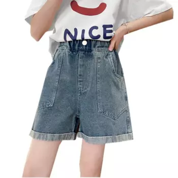 2025 Summer Teen Girls Denim Shorts Clothes New Arrival Kids Child Elastic Waist Fashion Pocket Design Shorts Age 5-14 Years Old