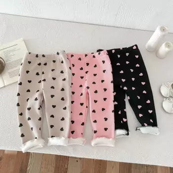 2025 Winter New Baby Girls Fleece Leggings Children Casual Pants Plus Velvet Thick Kids Heart Print Warm Trousers Baby Clothes