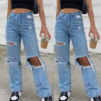 2025 Women New Baggy Jeans Ripped Hole Denim Pants Streetwear Autumn High Waist Pocket Straight Trousers Loose Jeans