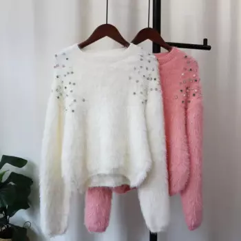 2025 Women O-neck Sweater Cardigan Kintted Velvet Diamond Loose Spring Autumn Vintage Winter Streetwear Y2k Jumper Pullovers
