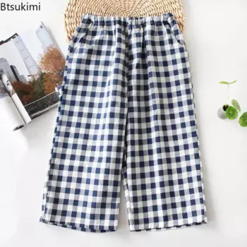 2025 Women's Cotton Home Pants Gauze Pajama Shorts Loose Casual Calf-length Pants Classic Plaid Lounge Sleep Bottoms for Women