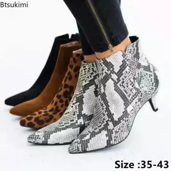 2025 Women's Fashion Ankle Boots Leopard Print Pointed Toe Short Boots Ladies Chunky High Heel Shoes Boots Footwear Female Botas