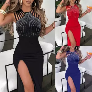 2025 Women's Summer Sexy Dresses Rhinestone Decor Elegant Multi-Strap High Slit O-Neck Sleeveless Maxi Skinny Party Dress Women