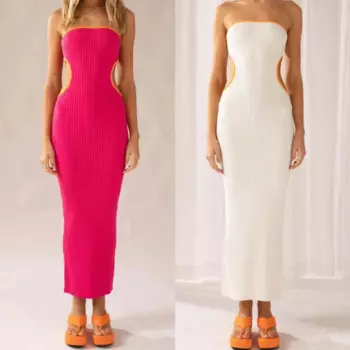 2025 Women Summer Knit Sleeveless Bodycon Tube Dress Strapless Side Cut Out Contrast Color Tube Evening Party Maxi Sexy Dress
