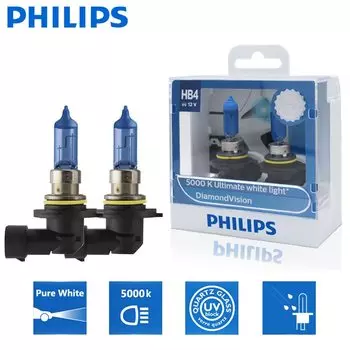 2 шт., автомобильные галогенные лампы Philips HB4 9006 12 В 55 Вт P22d Diamond Vision 5000K