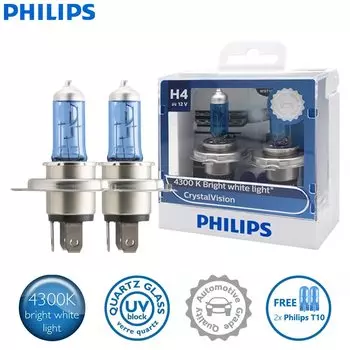 2 шт., автомобильные галогенные лампы Philips H4 9003 12 в 60/55 Вт HB2 Crystal Vision 4300K с белсветильник том и 2 синими лампами T10 12342CVSM